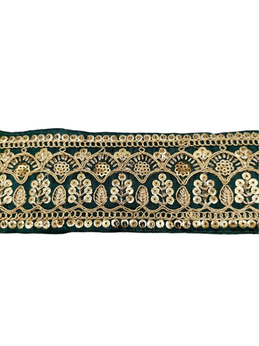 2 Yards, Dark Green Gold Embroidered Lace Trim Sequins Trim Decorative Sari Border Costume Ribbon Crafting Sewing Tape